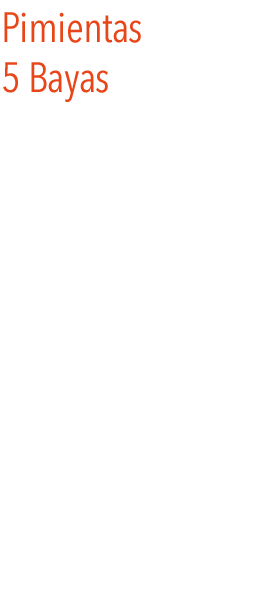 Pimientas 5 bayas
La Pimienta 5 Bayas es un cóctel de sabores en los que encontramos una selección mágica de bayas rosas y preciadas pimienta, creada para dar placer a los sentidos. Se trata de las variedades de pimienta: verde, blanca, negra, pimienta de Jamaica y rosa. 

Por un lado, la verde, blanca y negra, se obtienen de la misma  planta pero su color es diferente debido al tratamiento aplicado en de recolección. 