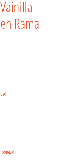 Vainilla
en Rama Como saborizante, la vainilla es una esencia elaborada usando las vainas de semillas de la orquídea vanilla. La especie principalmente recolectada es Vanilla planifolia, aunque también se utilizan otras, como Vanilla pompona y Vanilla tahitiensis). La industria agroalimentaria representa entre el 80% y el 85% de la demanda mundial.   Uso
La vainilla se utiliza también en cremas, helados, pasteles y otras preparaciones culinarias caseras, añadiendo un poco de esencia o cocinando las vainas en el caldo del preparado. Se puede obtener un aroma más fuerte cortando las vainas por la mitad; en este caso, los pequeños granos negros que se encuentran en el interior liberan su aroma. Formato: Bote para hostelería 20 unidades y tarro. 